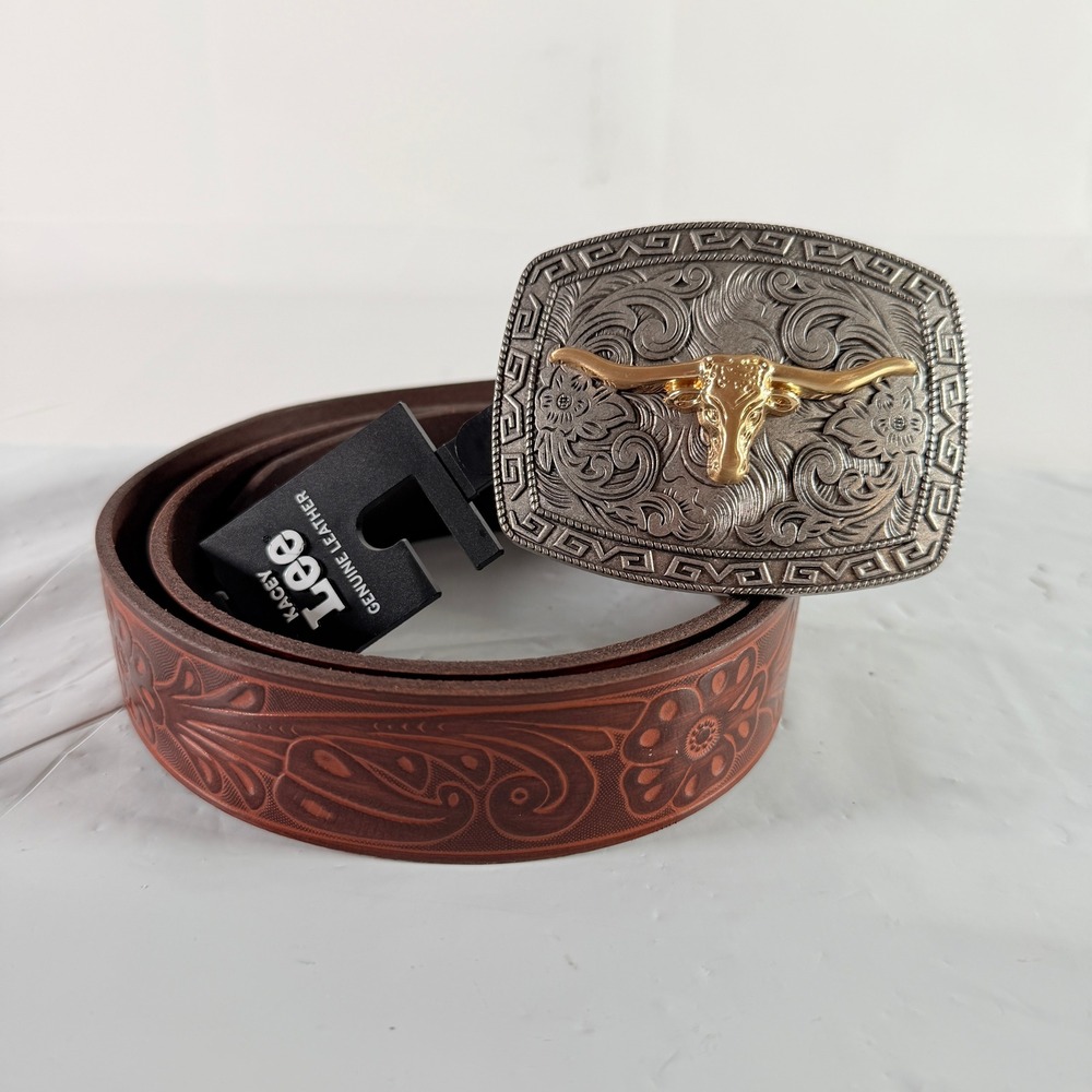 Kacey Lee Longhorn Embossed Leather Belt Size L Brown Floral Western Buckle